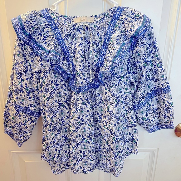 LOFT Ruffle Bib Tie Neck Blouse - Blue - SP - Picture 4 of 10